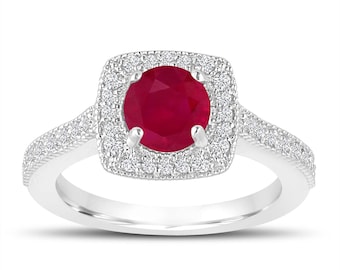 Platinum 1.28 Carat Ruby Engagement Ring, With Diamonds Wedding Ring Halo Pave Certified Handmade
