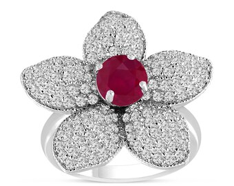 Ruby Flower Engagement Ring, Wedding Ring  2.65 Carat 14K White Gold Handmade Unique Pave