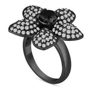 2.65 Carat Black Diamond Engagement Ring, Floral Engagement Ring, Flower Wedding Ring, 14K Black Gold Vintage Style Handmade Unique Pave
