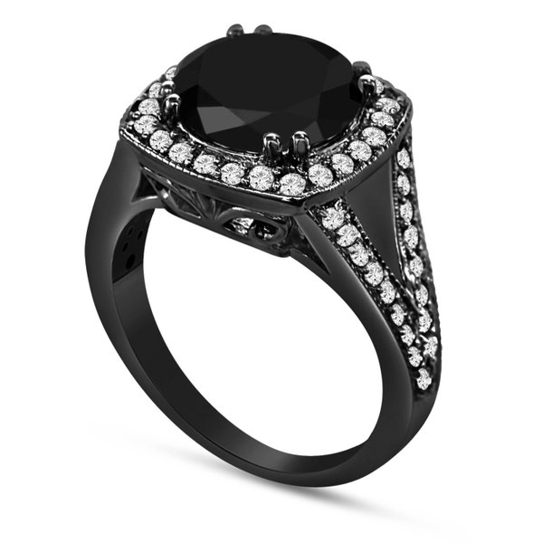 Black Diamond Engagement Ring 4.38 Carat Vintage Style 14k Black Gold Certified Pave Halo handmade Unique