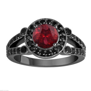 Granat-Verlobungsring, Ehering im Vintage-Stil 14k Schwarzgold 1.57 Karat Einzigartiges Halo-Handgemachtes Zertifikat