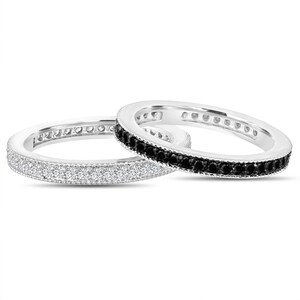 Diamond Eternity Wedding Rings, Pave Wedding Bands, Black & White Diamonds 2 Stackable Anniversary Rings, 14k White Gold 0.90 Carat Handmade