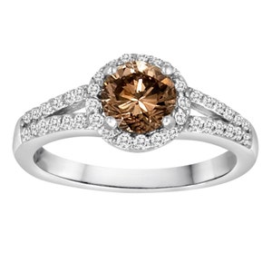 Champagne Diamond Wedding Ring, Brown Diamond Engagement Ring, 1.35 Carat 14K White Gold Halo Handmade