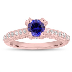 Blue Sapphire Engagement Ring 14K Rose Gold 0.82 Carat Unique Vintage Style Handmade Pave Certified