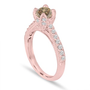 Champagne Diamond Engagement Ring Rose Gold, Vintage Style Unique 0.80 Carat Handmade Certified