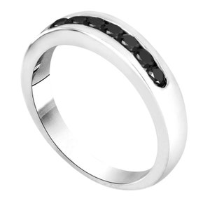 0.40 Carat Black Diamond Wedding Band, Anniversary Ring, 14K White Gold 7 Stone Canal Set Handmade