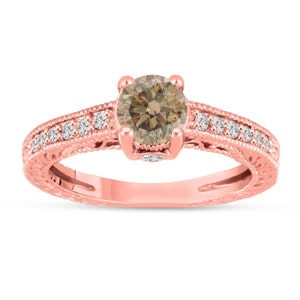 Champagne Diamond Engagement Ring, Brown Diamond Bridal Ring 14K Rose Gold Vintage Style Engraved Unique 1.20 Carat Certified Handmade