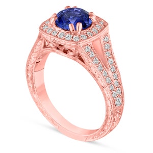 Unique Sapphire Engagement Ring, With Diamonds Wedding Ring 14K Rose Gold 1.58 Carat Vintage Antique Style Hand Engraved Unique Handmade