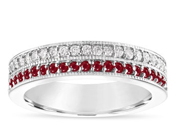 Ruby and Diamonds Wedding Band, Half Eternity Ruby Wedding Ring, 4 mm Two Row Anniversary Ring 14K White Gold 0.45 Carat Handmade Unique