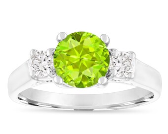 1.55 Carat Peridot Engagement Ring: Three Stone Diamond, 14K White Gold