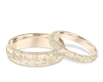 His & Hers Wedding Bands, Hand Engraved Wedding Bands, Yellow Gold Matching Rings, Couple Wedding Bands Set, Vintage Wedding Rings, Unique