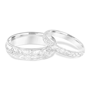 His and Hers Filigree Wedding Bands, Hand Engraved Matching Wedding Rings, Couple Wedding Bands Set, Vintage Stye 14K White Gold Handmade