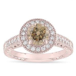 Rose Gold Champagne Diamond Engagement Ring, Fancy Brown Diamond Wedding Ring 1.29 Carat Vintage Halo Pave Handmade Unique