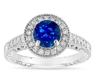 1.28 Carat Sapphire and Diamond Engagement Ring Vintage 14K Yellow Gold or White Gold Halo Handmade Unique Certified