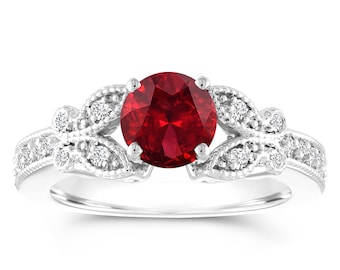 Garnet Engagement Ring: 1.38 Carat Red Garnet, Diamond Butterfly, 14K White Gold