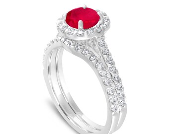 Ruby Engagement Ring Set, With Diamonds Bridal Ring Sets, Red Ruby Wedding Ring Sets, 1.83 Carat 14K White Gold Certified Halo Pave Handmade