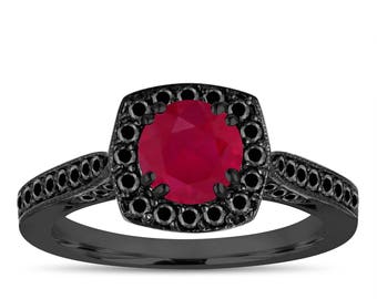 Vintage Ruby Engagement Ring, Wedding Ring 14K Black Gold Certified Halo Pave