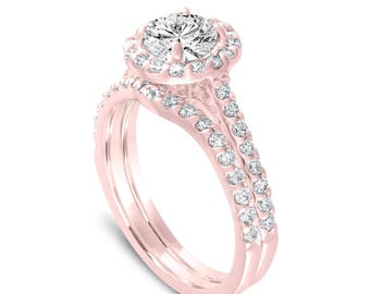 Rose Gold Diamond Halo Engagement Ring Set: 1.84 Carat, GIA Certified