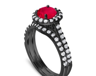 Vintage Ruby Engagement Ring Set, & Diamonds Bridal Ring Sets, Ruby Wedding Ring Set, 1.83 Carat 14K Black Gold Certified Halo Pave Handmade