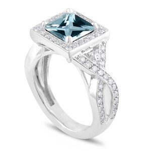 Aquamarine Cocktail Ring, Unique Princess Cut Anniversary Ring, Diamond Cocktail Ring, Halo 2.34 Carat Certified 14k White Gold Handmade