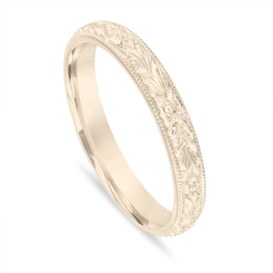 Hand Engraved Wedding Band, Gold Wedding Ring, Vintage Wedding Band, 3 mm Anniversary Band, Unique Wedding Band, 14k Yellow Gold Handmade