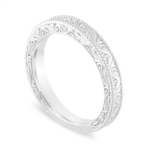 Filigree Wedding Band, Vintage Wedding Ring, Anniversary Ring, Antique Style Engraved 14K White Gold Handmade