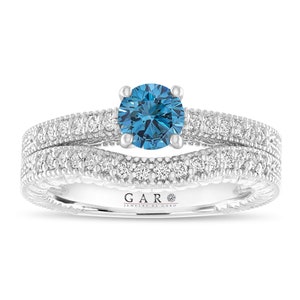 0.88 Carat Blue Diamond Engagement Ring And Wedding Band Set, 14K White Gold, Rose Gold, Yellow Gold or Black Gold Unique Certified Handmade