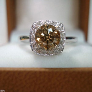 Champagne Diamond Engagement Ring, Halo Engagement Ring, Fancy Brown Diamond Wedding Ring, Certified 1.10 Carat 14K White Gold Handmade