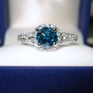 Blue Diamond Engagement Ring, 1.32 Carat Bridal Ring, Halo Engagement Ring, 14K White Gold Pave Certified Handmade image 1