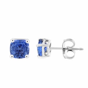 1.38 Carat Cushion Cut Ceylon Blue Sapphire Stud Earrings 14k White Gold Handmade