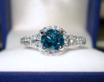 Blue Diamond Engagement Ring, 1.32 Carat Bridal Ring, Halo Engagement Ring, 14K White Gold Pave Certified Handmade