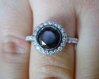Handmade 1.44 Carat Black Diamond Halo Engagement Ring: 14K White Gold