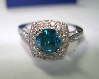 Blue Diamond Engagement Ring 1.40 Carat 14K White Gold Halo Pave Certified Unique