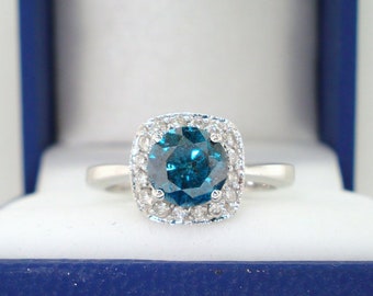 1.00 Carat Blue Diamond Engagement Ring 14K White Gold Certified Handmade Halo Pave Unique