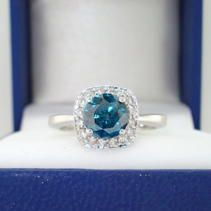 1.00 Carat Blue Diamond Engagement Ring 14K White Gold Certified Handmade Halo Pave Unique