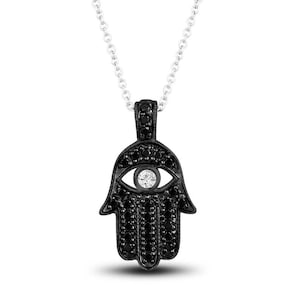 Black Diamond Hamsa Pendant Necklace, Evil Eye Pendant, 0.36 Carat 14K White Gold or Black Gold Unique Certified Handmade Pave