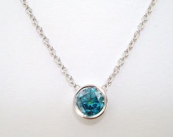 Fancy Blue Diamond Pendant. Diamond By The Yard Solitaire Pendant Necklace, 0.50 Carat 14K White Gold Handmade