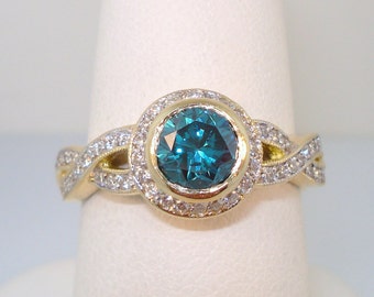 Blue Diamond Engagement Ring Yellow Gold, Halo Engagement Ring, Infinity Bridal Ring, 1.30 carat Micro Pave Set handmade