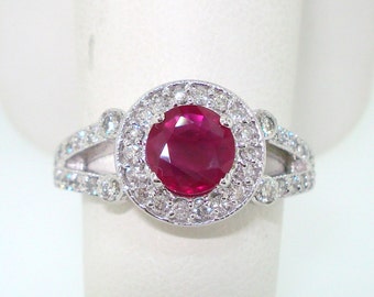 Ruby Engagement Ring, Ruby & Diamonds Engagement Ring, Halo Engagement Ring, 14k White Gold 1.55 Carat Unique Handmade