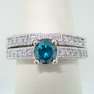 Blue Diamond Wedding Ring Set, Engagement Ring Set, Blue Diamond Bridal Sets, 14K White Gold 0.73 Carat Unique Certified Handmade