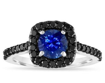 1.67 Carat Sapphire Engagement Ring, Blue Sapphire & Black Diamonds Wedding Ring, 14K White Gold Certified Pave Unique Handmade