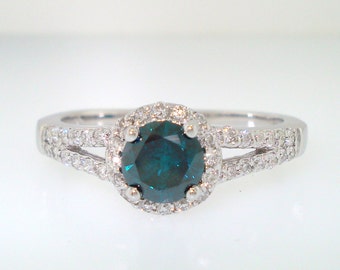 Blue Diamond Engagement Ring 1.03 Carat 14K White Gold Halo Certified Handmade