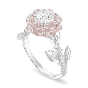 1.36 Carat Lab Grown Diamond Rose Flower Engagement Ring 14K Rose Gold IGI Certified Unique Handmade
