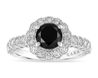 1.75 Carat Black Diamond Halo Engagement Ring: Platinum & 14k White Gold