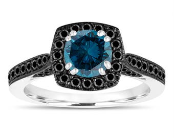 1.17 Carat Blue Diamond Engagement Ring Platinum Or 14K White Gold Unique Handmade