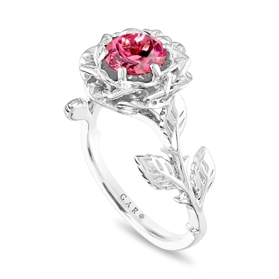 Floral Pink Tourmaline Engagement Ring Rose Flower Ring Etsy