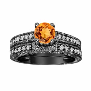 Citrine Engagement Ring Set: 1.16 Carat, Diamond Accent, 14K Black Gold