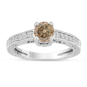 Fancy Champagne Brown Diamond Engagement Ring 14K White Gold Vintage Unique Antique Style Engraved 1.20 Carat Certified HandMade