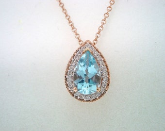 Pear Shape Aquamarine & Diamonds Pendant Necklace, Platinum, 14K White Gold, Rose Gold, Yellow Gold Or Black Gold 0.84 Carat Handmade