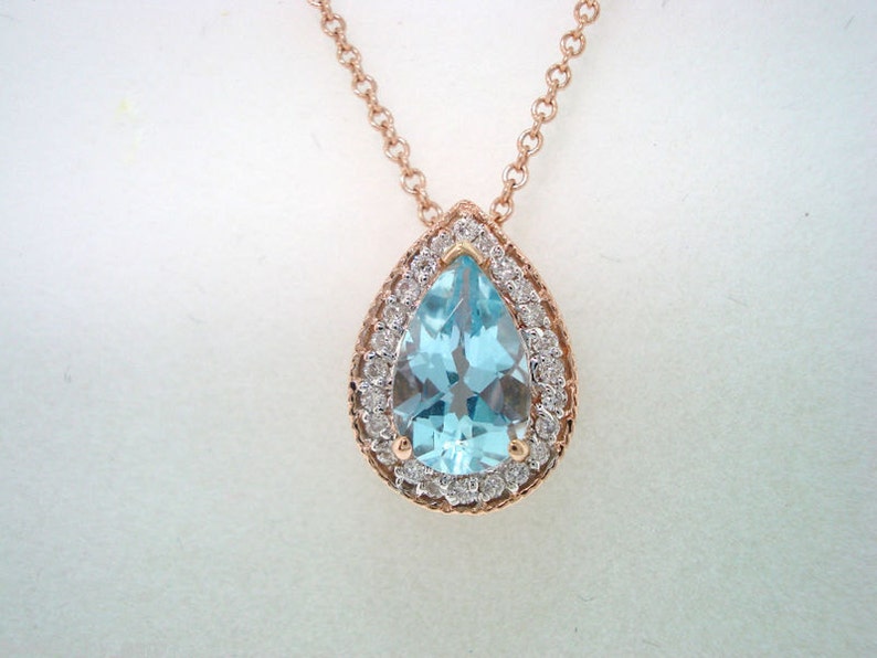 Pear Shape Aquamarine & Diamonds Pendant Necklace, Platinum, 14K White Gold, Rose Gold, Yellow Gold Or Black Gold 0.84 Carat Handmade image 1